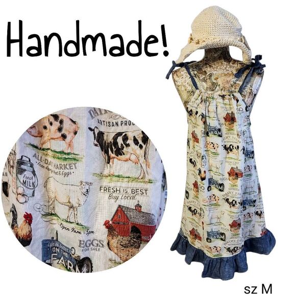 Dress Handmade Country Farm Animal Print  Denim Ruffle Hem & Shoulder Sundress - Picture 2 of 8